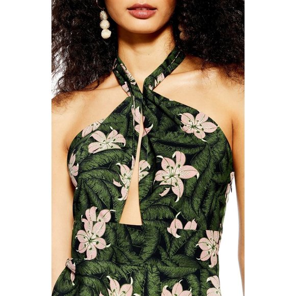 TOPSHOP Hibiscus Floral Halter Midi Dress Green 10 NEW - Picture 2 of 11
